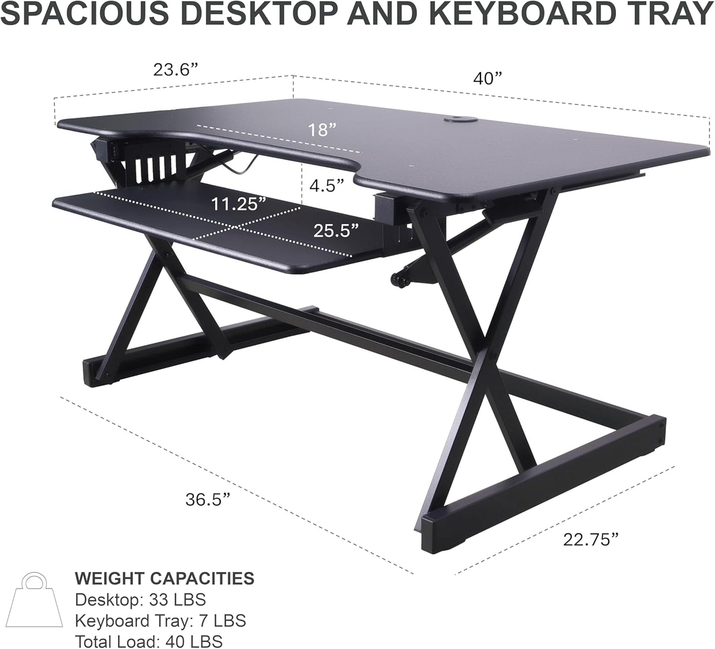 Rocelco 40" Height Adjustable Standing Desk Converter with AC Outlet USB Charger and Dual Monitor Arm Mount - Sit Stand Up Tabletop Riser - Sliding Keyboard Tray - Black (R DADRB-40-ACUSB-DM2)