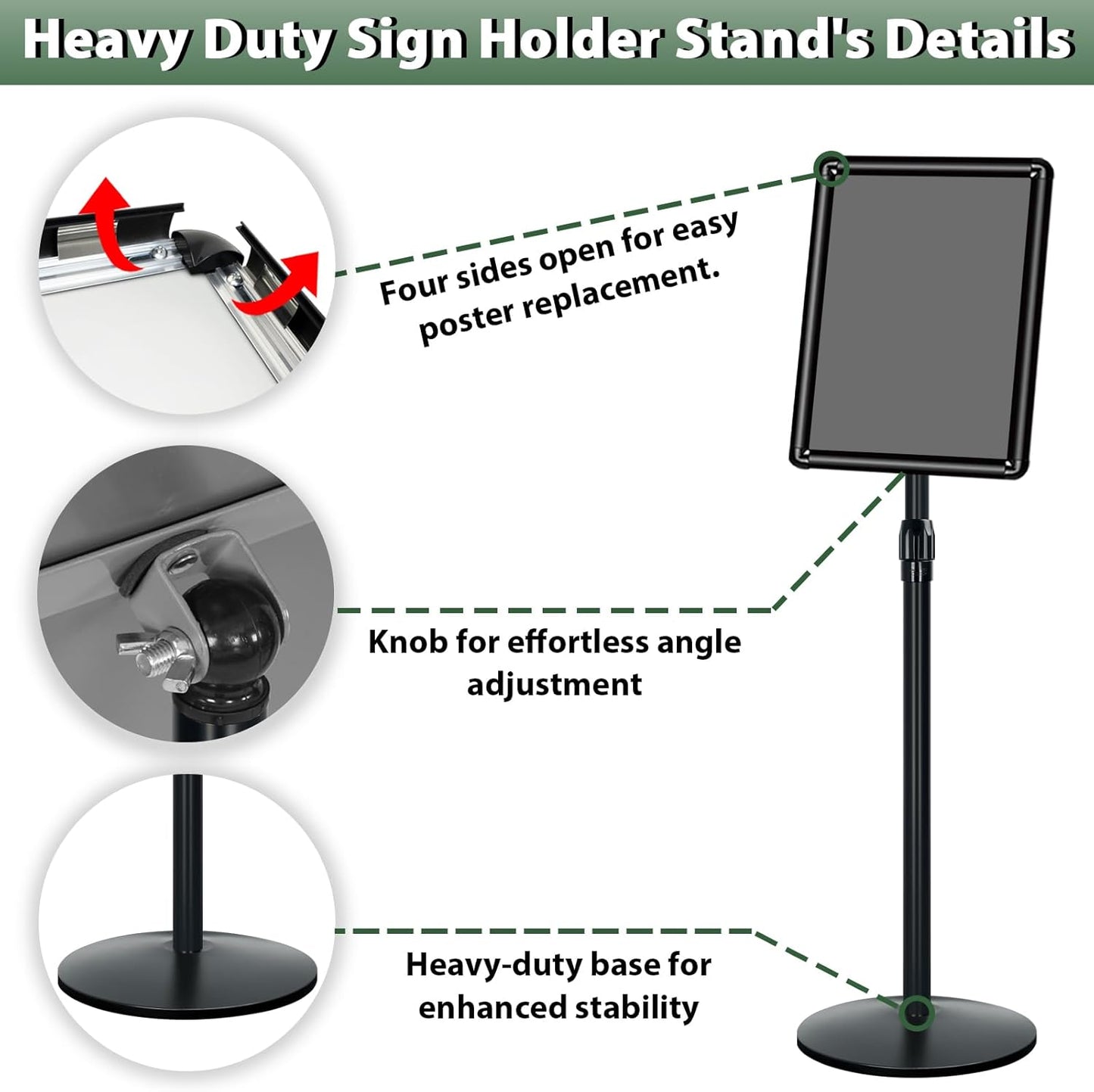 Heavy Duty Sign Holder Poster Stand 8.5"x 11" Floor Standing Sign Holder Adjustable Pedestal Sign Stand with Cast Iron Base for Display/ Advertisement (Black)