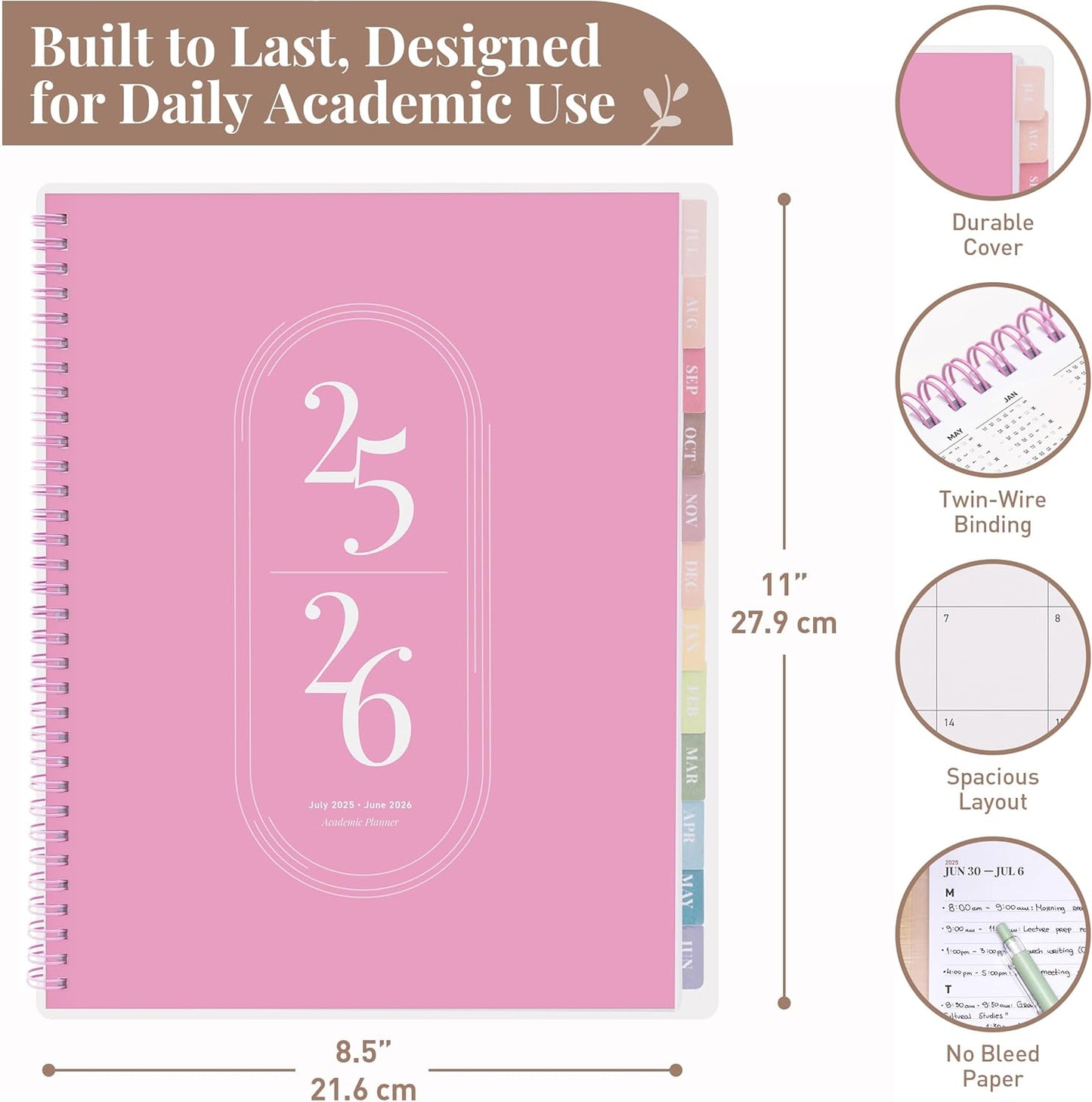 Rileys Academic Planner 2025-2026, Daily, Weekly & Monthly Planner, July 2025 - June 2026, Student Notes Pages, Twin-Wire Binding, Weekly Agenda for School & Work (8.5 x 11-Inches, Pink)