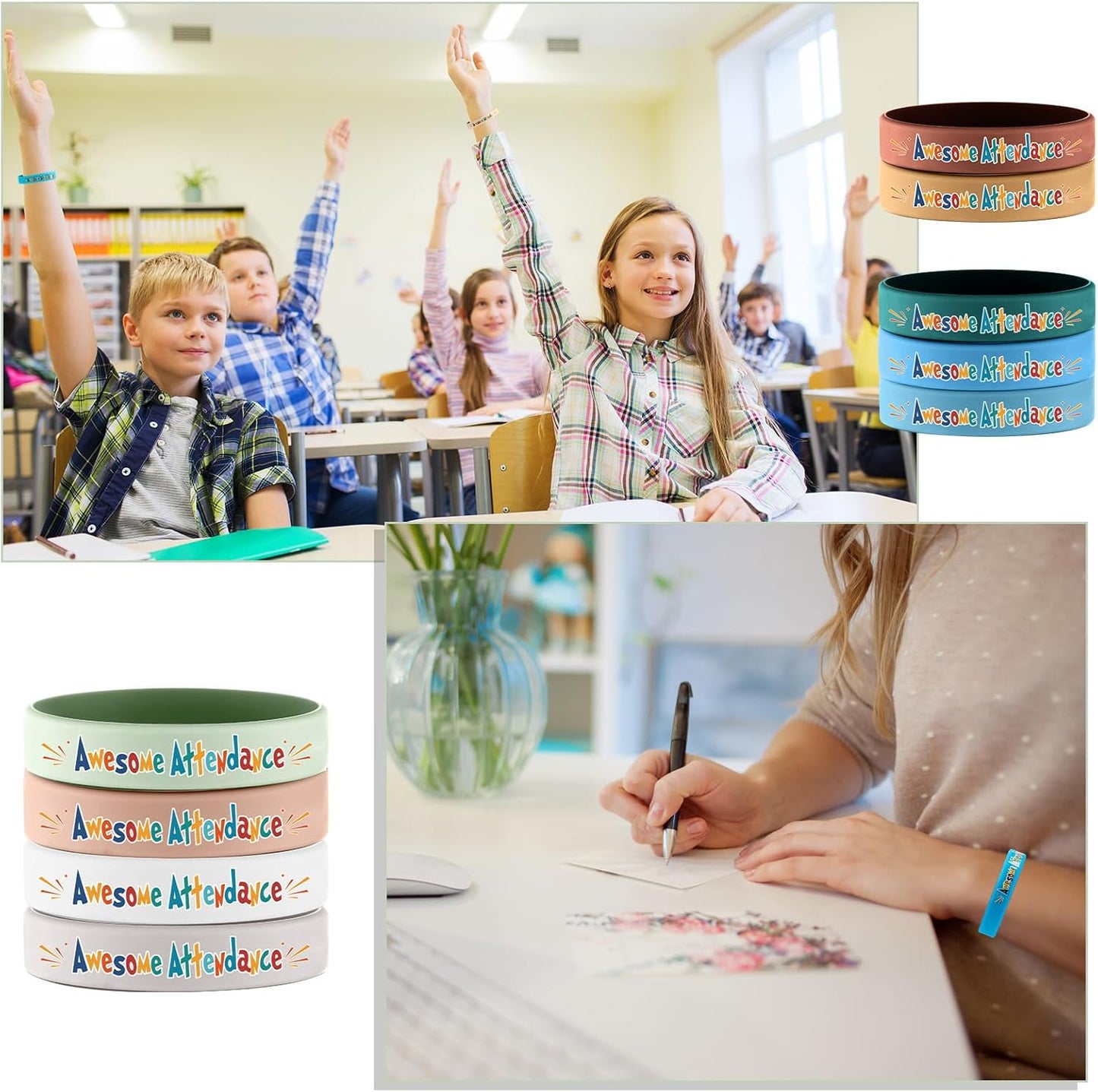 100 Pcs Awesome Attendance Wristbands for Students, Perfect Attendance Awards for Classroom Prizes, Unisex Stretch Silicone Motivational Wristbands for Student from Teacher Classroom Prizes
