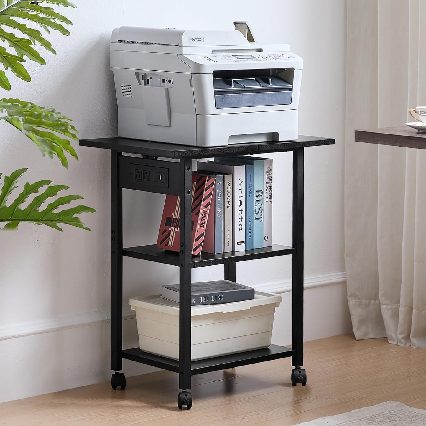 Lerliuo 3-Tier Printer Stand with Charging Station, Industrial Mobile Printer Table with Storage Shelf and Steel Frame, Rolling Printer Cart Holder with Lockable Wheels for Home, Office (Black)