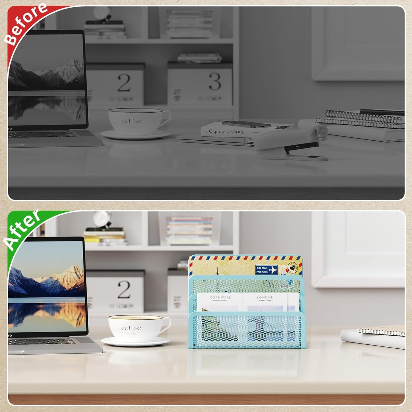 Marbrasse Mail Organizer for Desk, 3-Slot Mesh Metal Mail Holder countertop, Letter Holder, Office Desktop Envelope and Document Storage Rack (Blue)