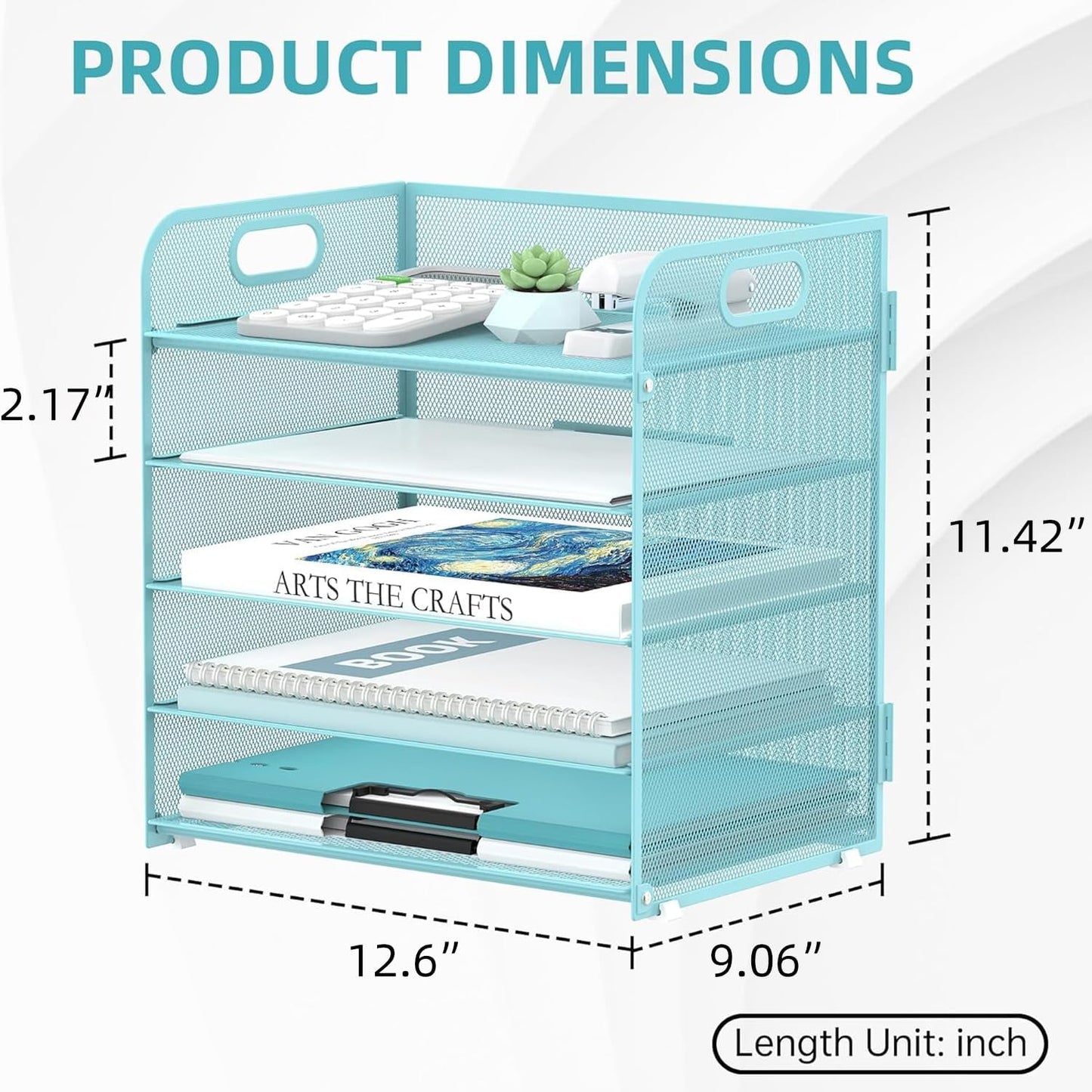 2 Pack 5-Tier Blue Desk Organizer with Handle Mesh Desk File/Paper Organizer Letter Tray for Office, School and Home Easy Installation