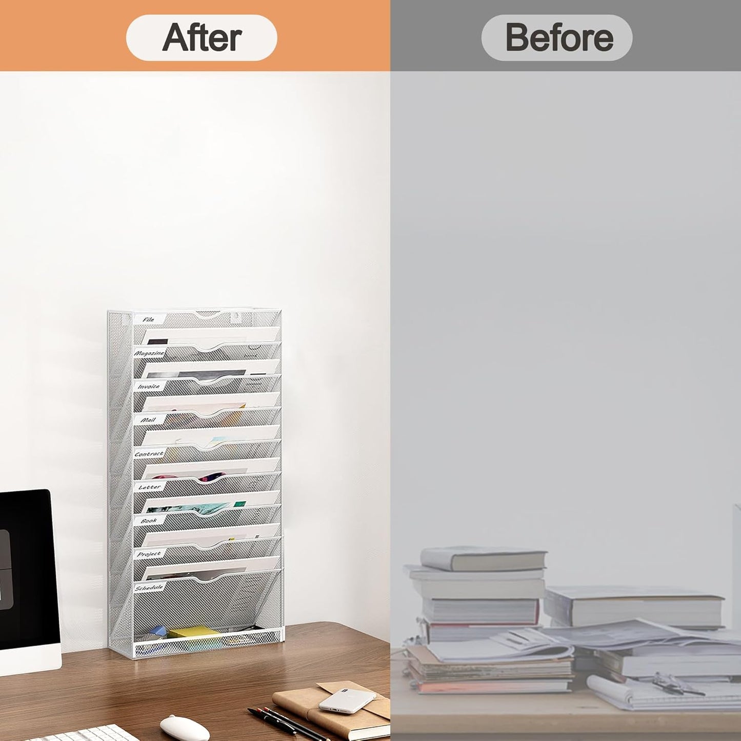 10 Tier Hanging Wall File Holder, Metal A4 Wall Mounted Document Holder, Vertical Hanging Mail Organizer, Magazine Storage Rack with Tray for Office Home Classroom, White