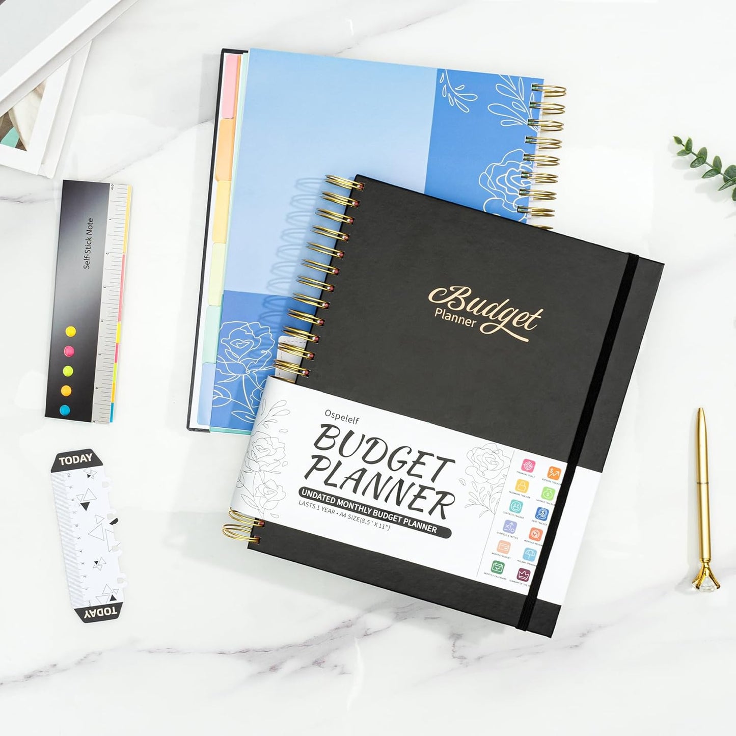 Ospelelf Budget Planner - Monthly Budget Book with Expense Tracker Notebook, Undated 12 Month Bill Organizer & Finance Planner, A4 Account Book with 12 Index Pockets, Zipper Pouch, Stickers(Black)