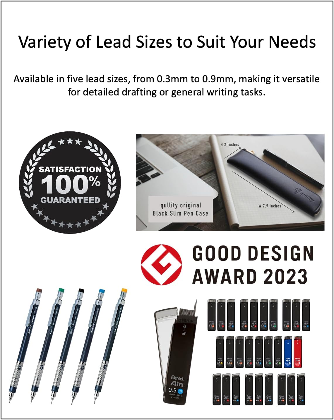 Graphlet Mechanical Drafting Pencil + Ain HB/B/2B leads, original Black slim pen case (0.4mm)