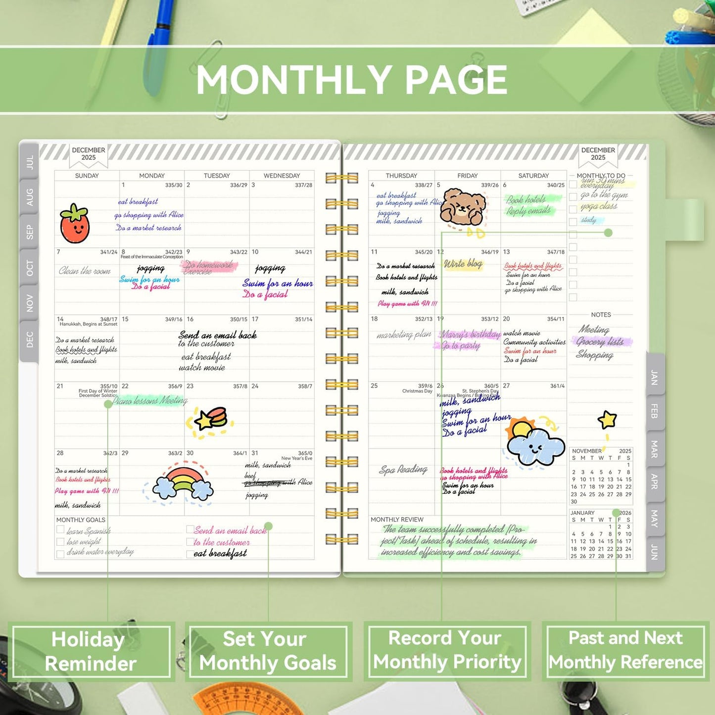 2025-2026 Planner, Weekly and Monthly Planners for Women, AIMPEAK Academic Calendar Planners for Teacher&Student, Jul.2025 - Jun.2026, Monthly Tabs, Spiral Binding, Green, 5.5"x8.5"