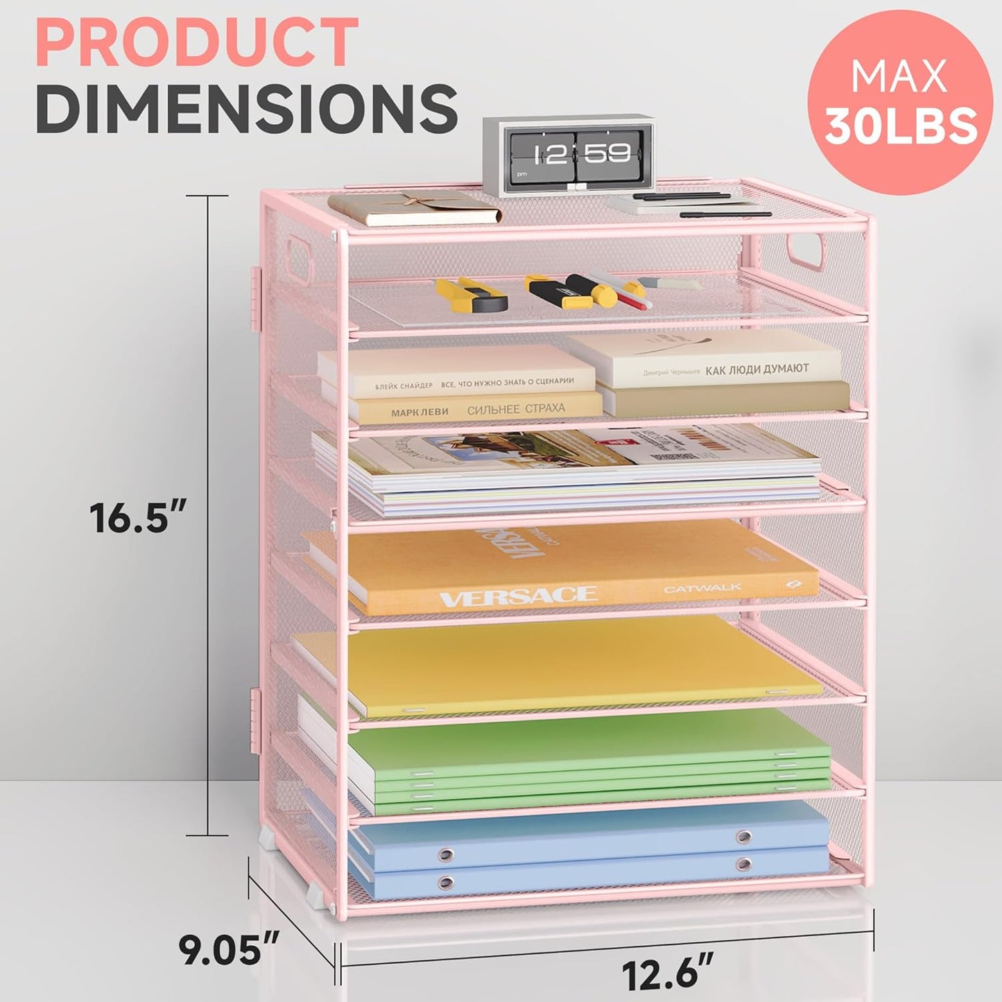 8 Tier Paper Organizer with Handle, Metal Mesh Desk File Organizer, Large Capacity Desk Organizers Paper Letter Tray Desktop Document Sorter for Office, Home or School - Pink