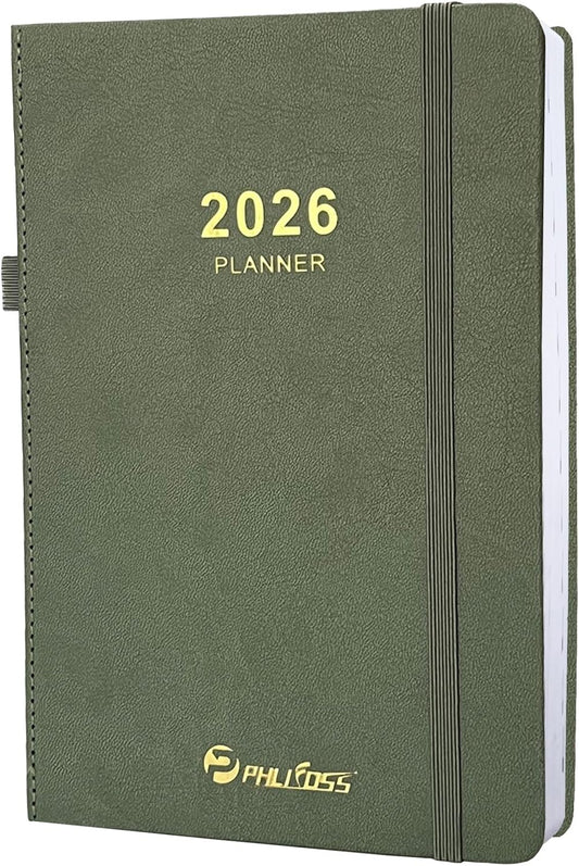 2026 Daily Planner/Calendar, One Page Per Day, Daily Monthly Agenda Planner with Time Slots and Monthly Tabs, Jan - Dec 2026, 5.7" x 8.25" Appointment Book, Pen Holder, Leather Cover (2026-Green)