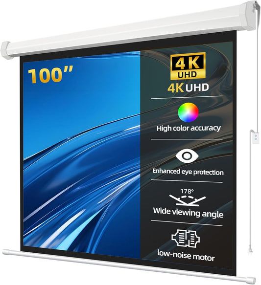 100" Matte White Motorized Projector Screen for UST Long/Standerd Throw Projector,178°Viewing Angle Movie Screen with Remote Control for Home Theater Presentation Education Wall/Ceiling Mount(4:3)