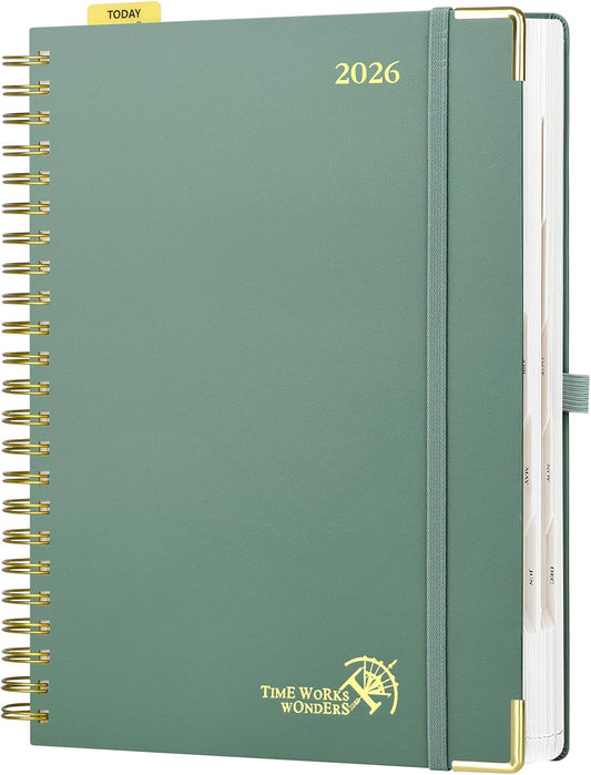 POPRUN 2026 Daily Planner One Page A Day - [A4 Large Size 8.25" x 12" -Spiral Hard Cover], Agenda 2026 Hourly Appointment Book with Monthly Calendar, Pen Holder, Ivory Paper -Midnight Green