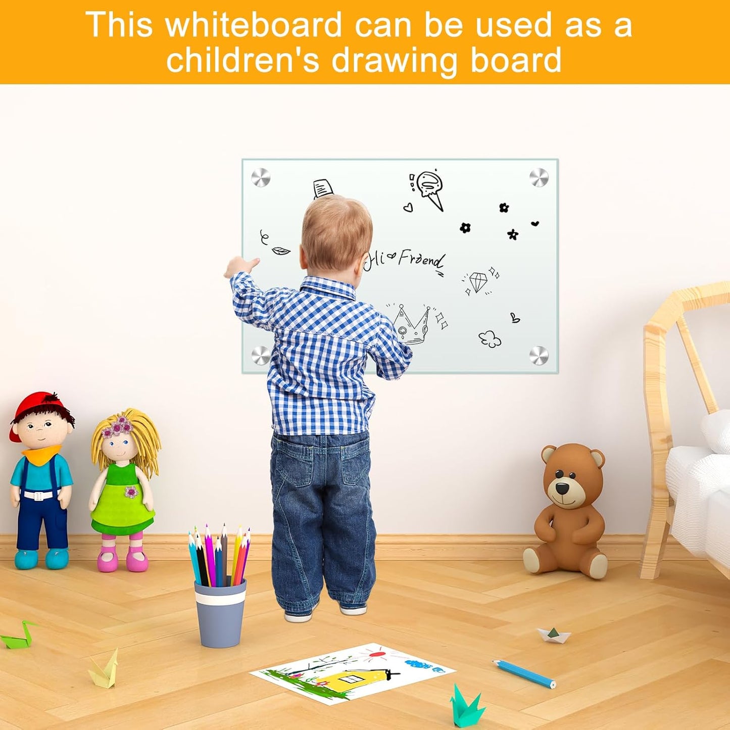 H-Qprobd White Board 24”x18“ Magnet Dry Erase Boards Frameless Magnetic Glass Whiteboard for Wall, Wall Mounted Whiteboard Includes 12 Magnets, 8 Markers and 2 Erasers