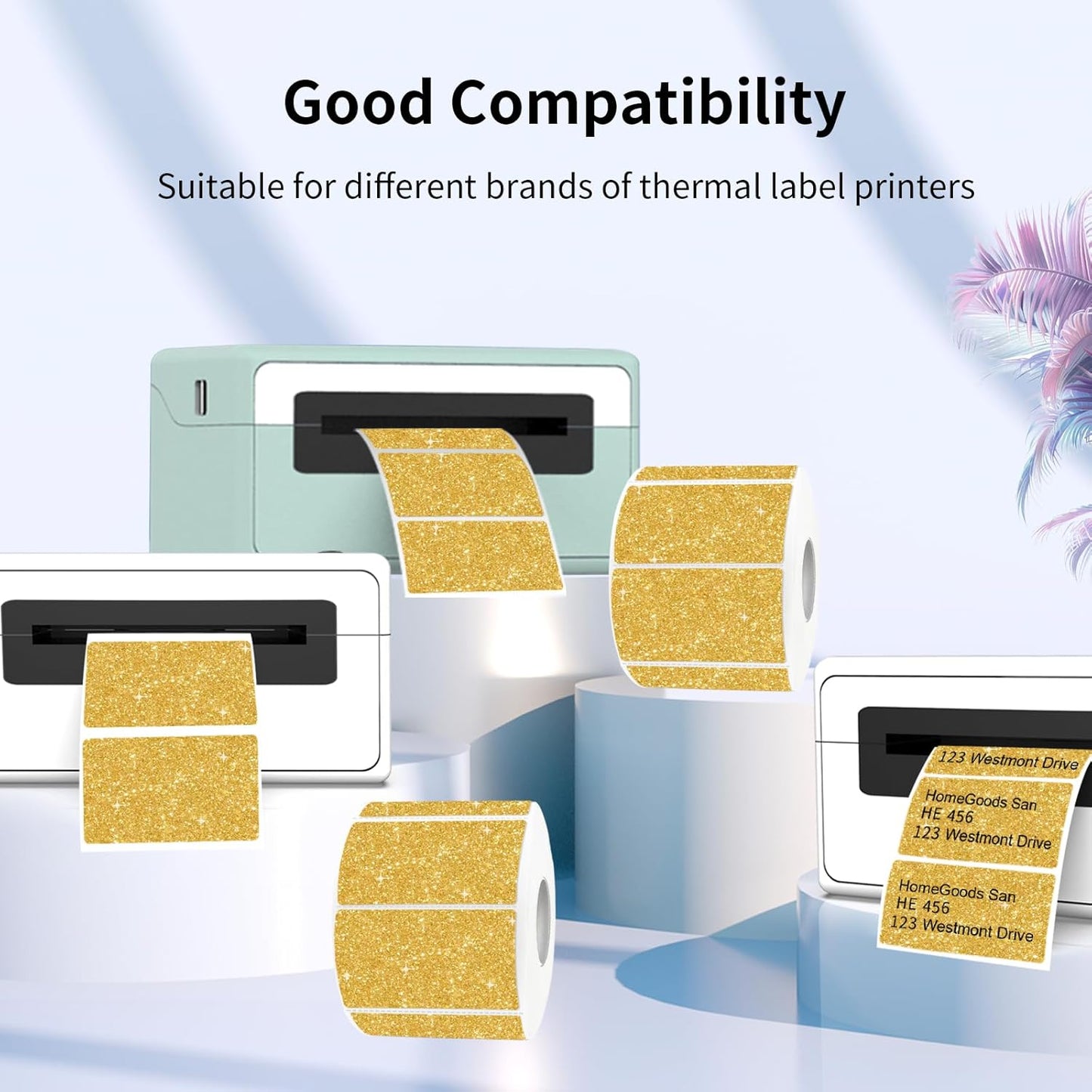 2.25"x1.25" Direct Thermal Labels, Holographic Thermal Printer Labels for Barcode, Self-Adhesive Address Shipping Thermal Label Stickers-1 Roll, 300 Labels, Holographic Gold