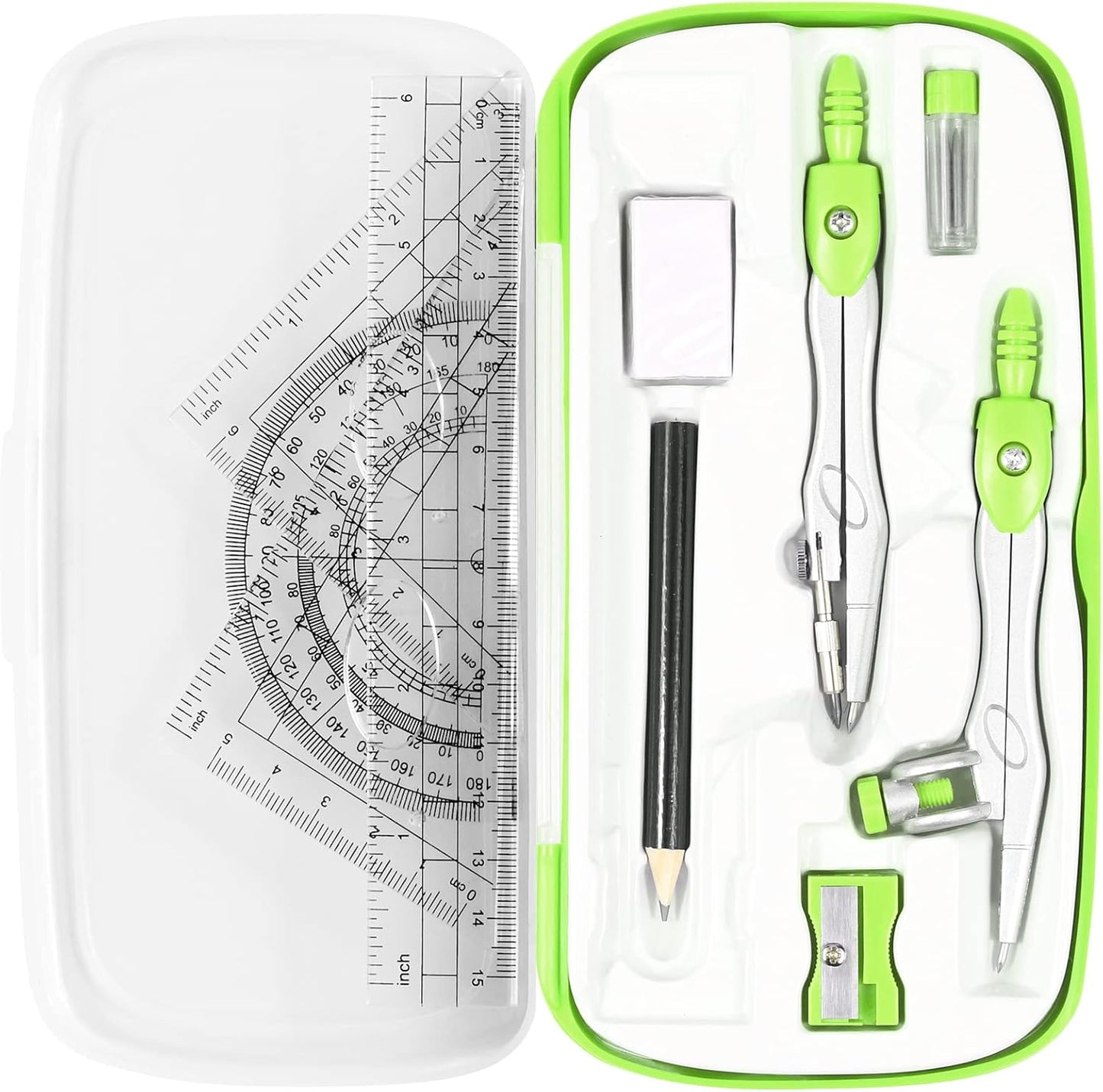 Math Geometry Kit Sets 10 Piece Student Supplies with Shatterproof Storage Box,Includes Rulers,Protractor,Compass,Eraser,Pencil Sharpener,Lead Refills,Pencil,for Drafting（Green）