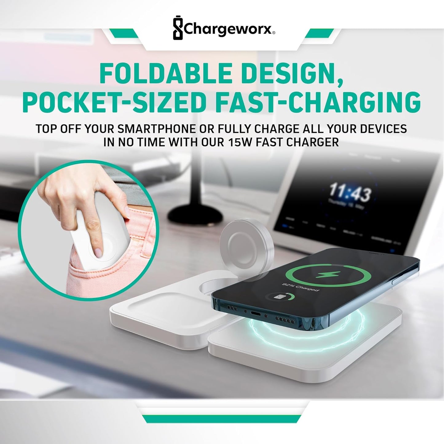CHARGEWORX 3-in-1 Wireless Charger, Foldable Magnetic Charging Station with 15-Watt Fast Charging, Compatible with iPhone, Samsung, and Other Phones, Smartwatches, and Headphones, White