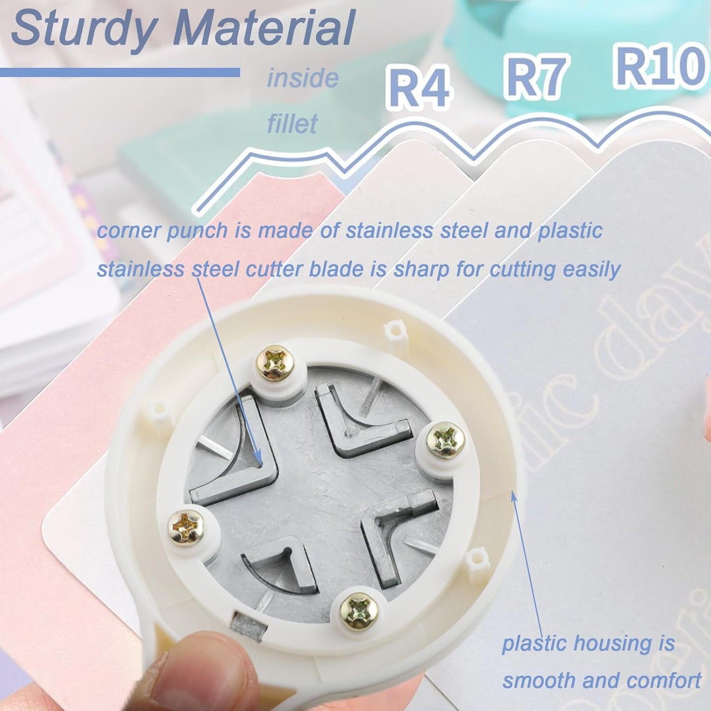 2 Pieces Corner Punch 4 in 1 Corner Rounder Punch Paper Corner Rounder for Making Scrapbooking （R4+R7+R10+Inside Corner） (White and Pink)