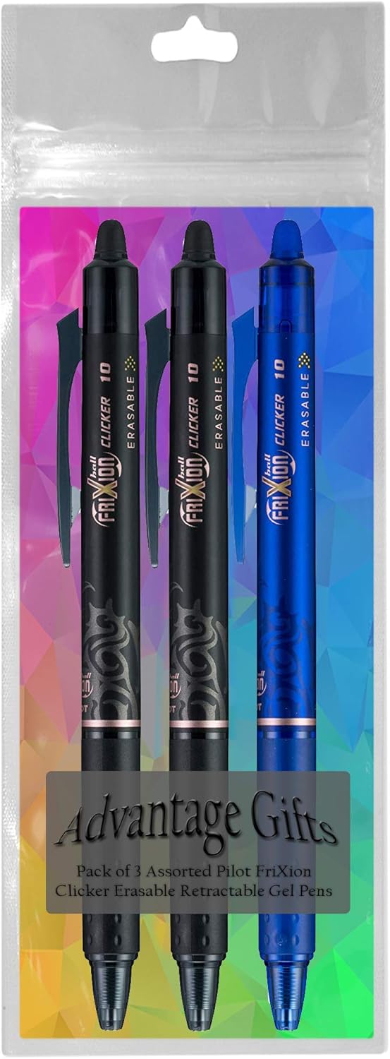 FriXion Clicker Retractable Erasable Gel Pen, Black/Blue, Bold Point, 3-pk; Bundle with Plastic Reusable Pouch