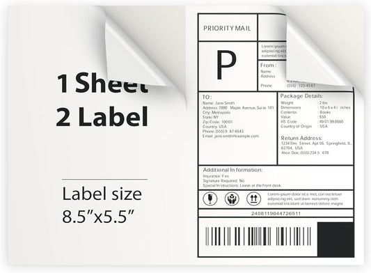 1000 Sheet (2000 Labels) | 8.5" x 11" Half Sheet Self Adhesive Shipping Labels for Laser & Inkjet Printers | Ecommerce, Address, Mailing, Labeling, Packaging
