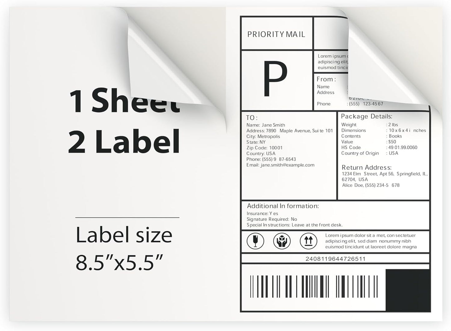 200 Sheet (400 Labels) | 8.5" x 11" Half Sheet Self Adhesive Shipping Labels for Laser & Inkjet Printers | Ecommerce, Address, Mailing, Labeling, Packaging