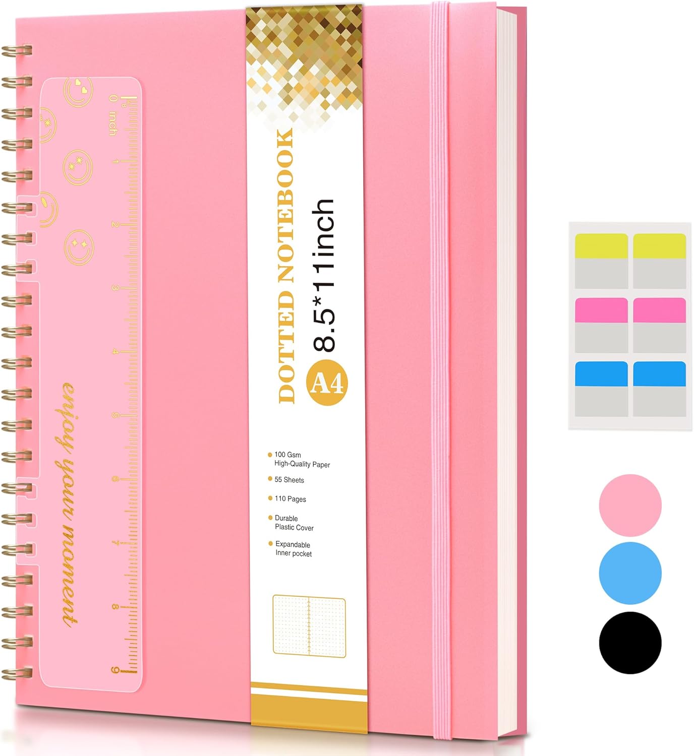 Dotted Notebook, Spiral Notebook Journal 8.5” x 11”, A4 Large Dot Grid Notebooks for Women Men, 100 GSM Dotted Paper, Plastic Hardcover Spiral Bullet Journals for Work School Sketching, Pink