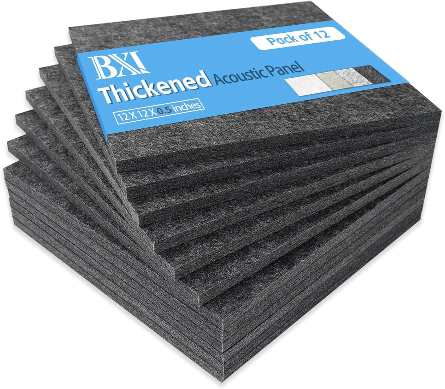 BXI Thickened Sound Absorbing Panels - 12 Pack 12 X 12 X 0.5 Inches Dense Acoustic Panels, Echo Noise Reducing Sound Panels, Tackable Studio Panels for Wall and Ceiling Acoustic Treatment