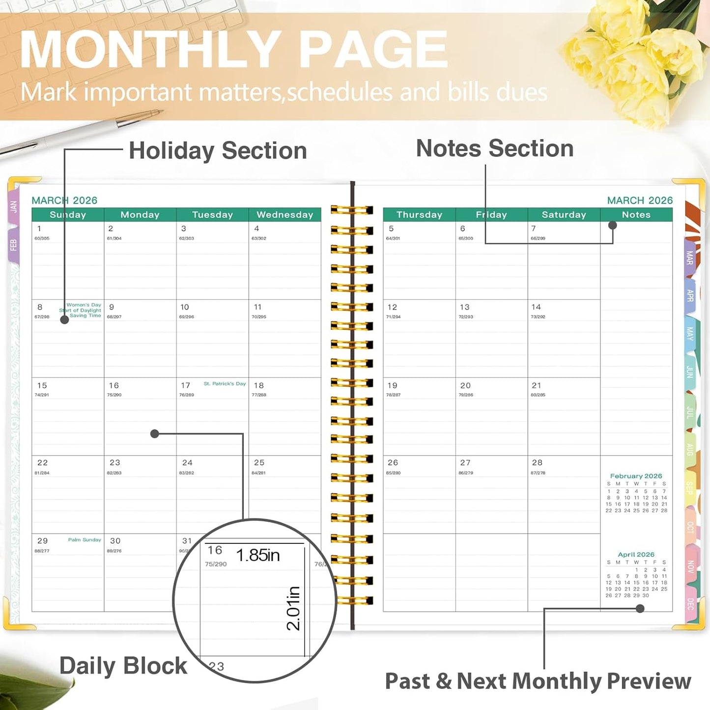 GuassLee Planner 2026 Daily Weekly and Monthly - Large A4 Planner from January 2026-December 2026, 8.8"x11.4" Aesthetic Teacher Student Agenda Book with Back Pocket, Stickers, Coated Tabs, A4 Size