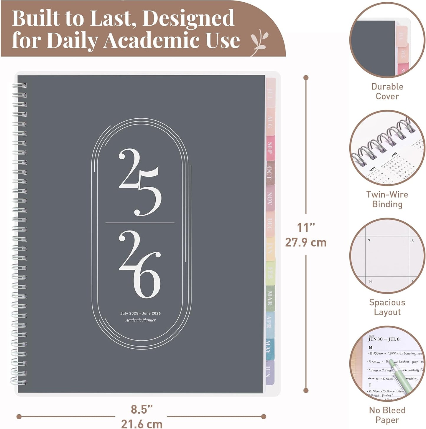 Rileys Academic Planner 2025-2026, Daily, Weekly & Monthly Planner, July 2025 - June 2026, Student Notes Pages, Twin-Wire Binding, Weekly Agenda for School & Work (8.5 x 11-Inches, Black)
