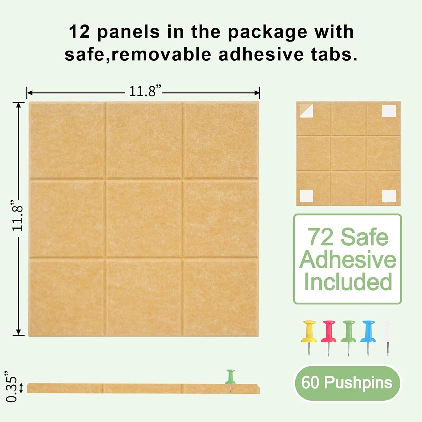 12 Pack Large Cork Board for Walls, 48" X 36" Felt Bulletin Board Tiles with 48 Safe Removable Adhesive Tabs & 60 Push Pin Board Decorative Cork Board Tack Board Wall Organizer for Office - Gold