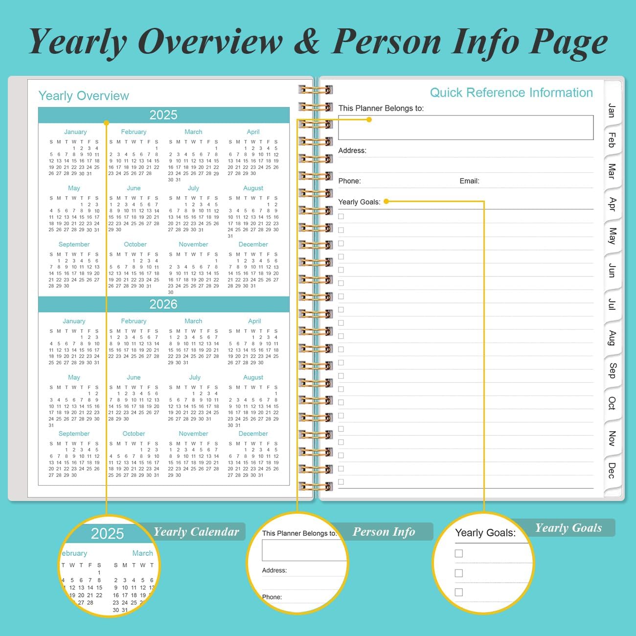 2025-2026 Monthly Planner - July 2025 - December 2026, Two Pages Per Month, 18 Monthly Calendar/Planner with Tabs, Strong Twin-Wire Binding, Inner Pocket, 6.4" x 8.5", Teal Flowers