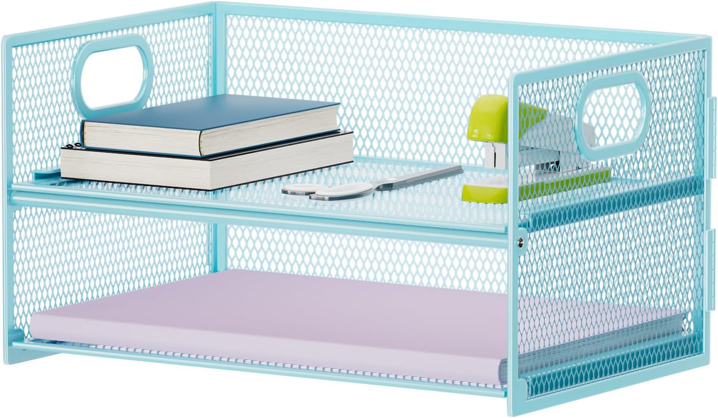 Marbrasse 2 Tier Paper Organizer Letter Tray, Mesh File Organizer with Handle, Paper Sorter Desk Organizer for Home Office Supplies - Blue