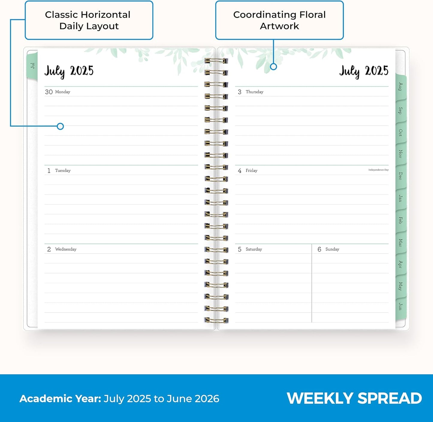 Blue Sky 2025-2026 Weekly and Monthly Academic Year Planner Calendar, July 2025 - June 2026, 5" x 8", Flexible Cover, Wirebound, Laminated Tabs, Laurel