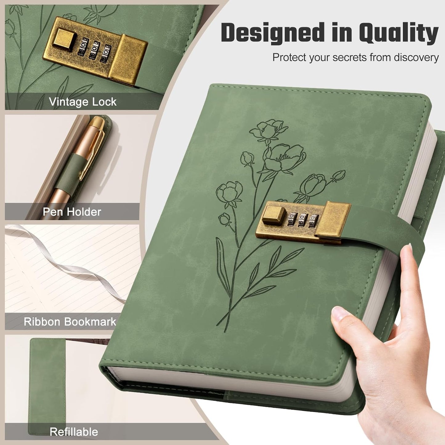 Lock Diary for Women Diary with Lock for Girls A5 Leather Locked Journal 260 Pages 100 GSM Refillable Journal with Lock for Teens Secrets Flower Journals with Combination Passwords, 5.7"x8.3", Green