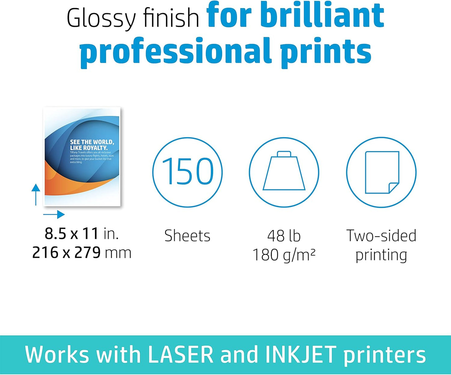 HP Professional Business Paper, Glossy, 8.5x11 in, 48 lb, 150 sheets, works with inkjet, PageWide, laser printers (Q1987A)