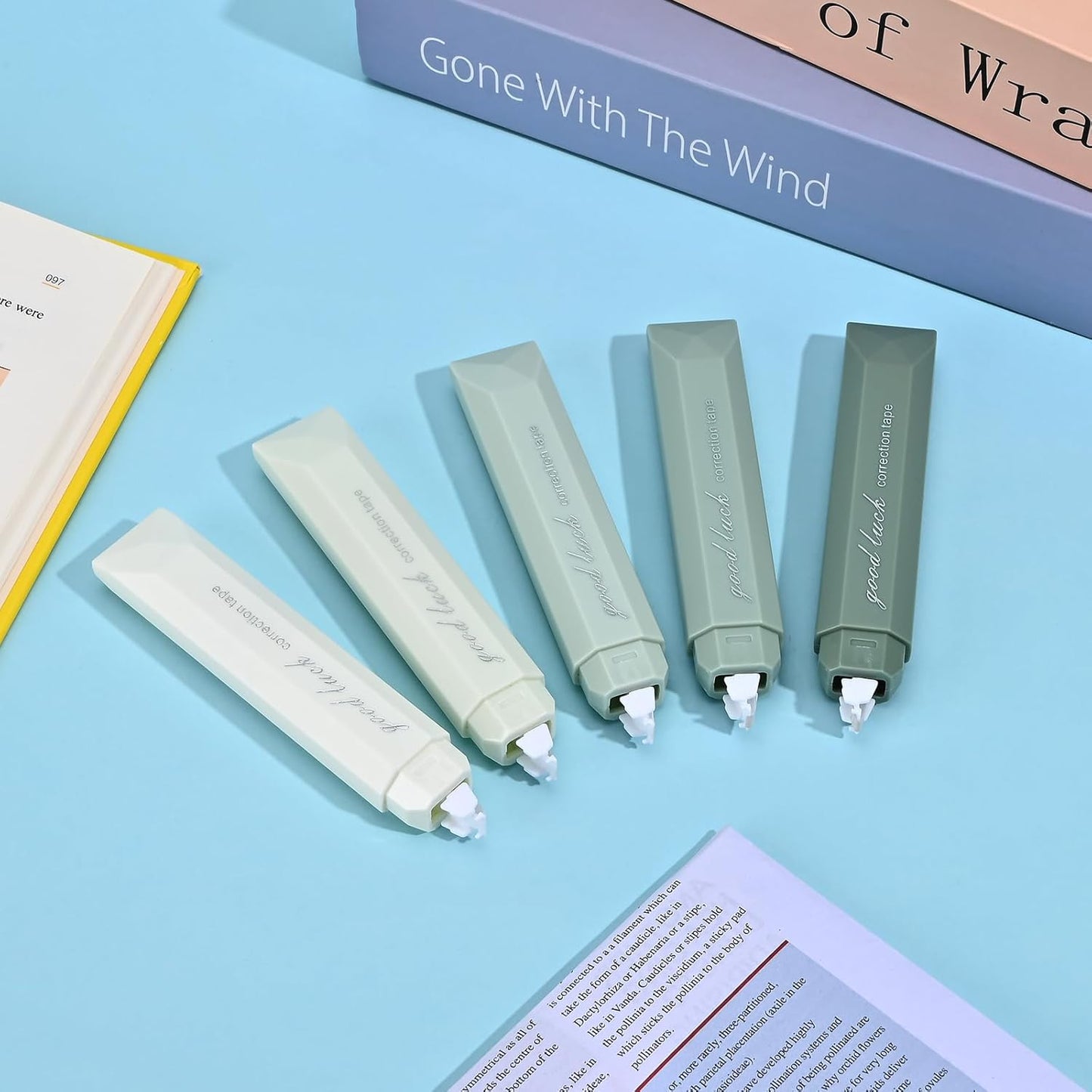 Temiary 5 Pcs White Correction Tapes, Aesthetic Correction Tape Pens Smooth Pull Out, Easy to Use Pen Shaped Applicator for Students School Office Supplies (Green)