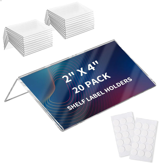 20 Pack Acrylic Rigid Library Shelf Label Holders for School Office Library Book Shelves Tags Shelf Labels with Sticky Dots, Transparent Tabletop Price Sign Stand for Store Bakeries (2x4 in)