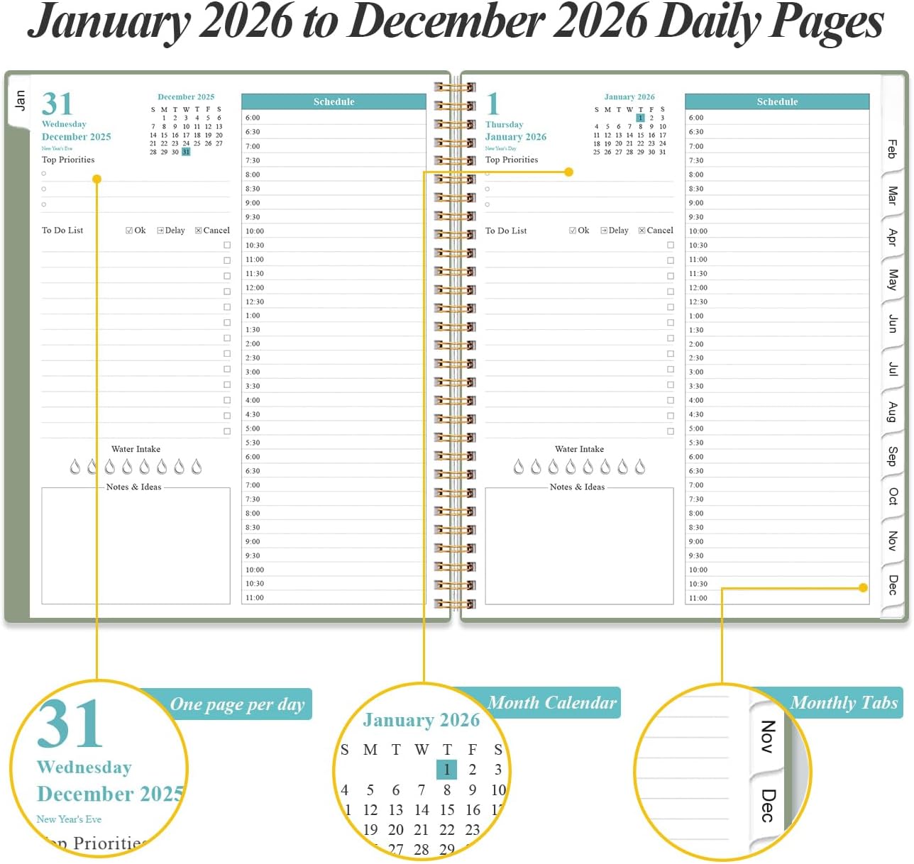 2026 Daily & Monthly Planner - One Page Per Day, Daily Planner from January 2026 - December 2026, Planner 2026 with 12 Monthly Tabs, 8.5" x 11", Green