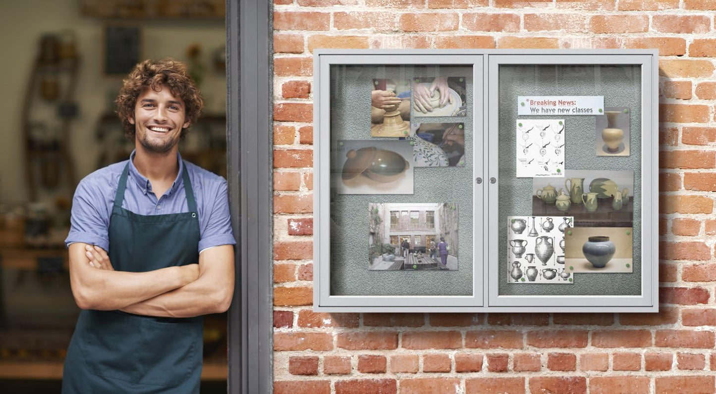 Ghent 36"x48" 2-Door Outdoor Enclosed Vinyl Bulletin Board, Shatter Resistant, with Lock, Satin Aluminum Frame - Ivory (PA23648VX-185 ), Made in the USA