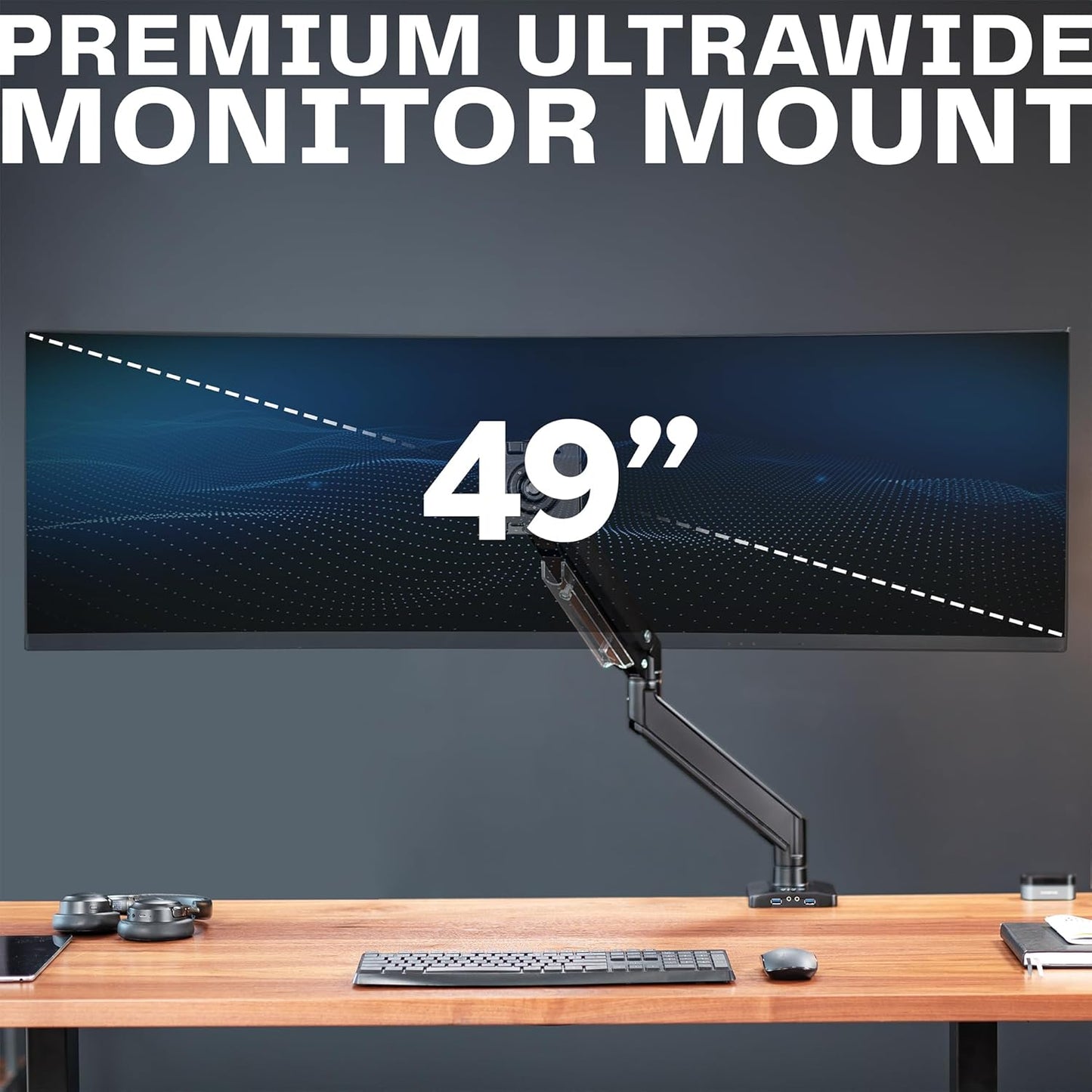 VIVO Premium Aluminum Heavy Duty Monitor Arm with 3.0 USB Ports, Fits Ultrawide Monitors up to 49 inches and 33 lbs, Single Desk Mount Stand, Pneumatic Height, Max VESA 100x100, Black, STAND-V101G1U