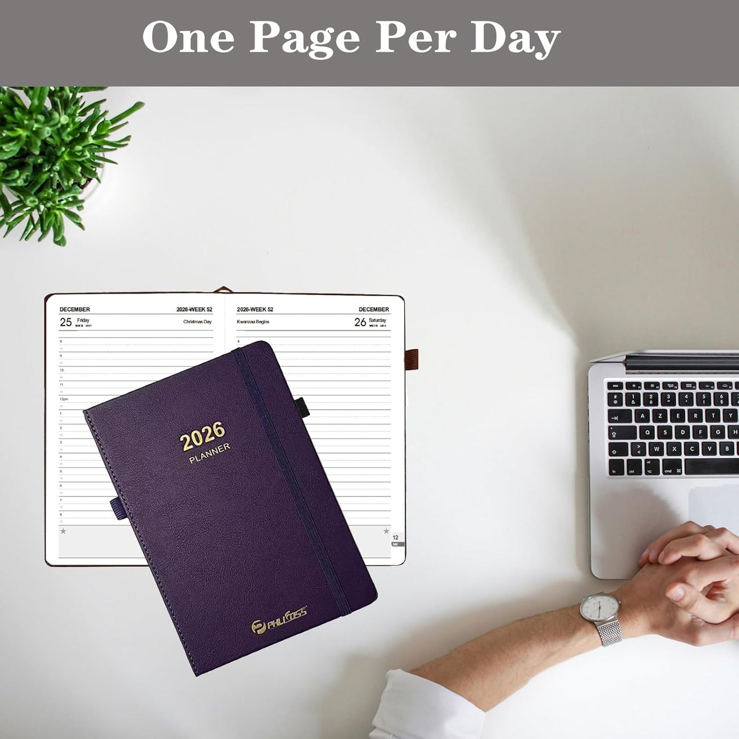 2026 Daily Planner/Calendar, One Page Per Day, Daily Monthly Agenda Planner with Time Slots, Jan - Dec 2026, 5.7" x 8.25" Appointment Book, Pen Holder, Leather Cover (2026-Dark Grey Blue)