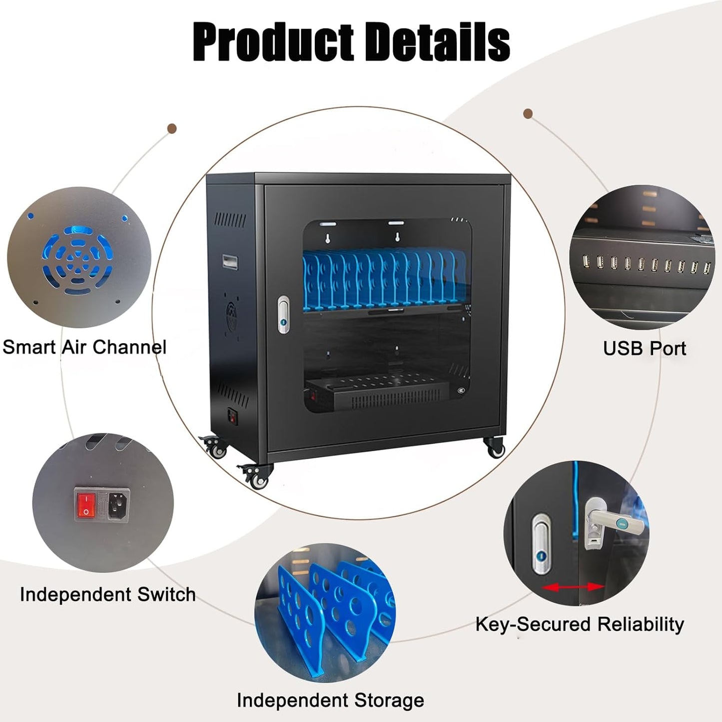 20 Device Mobile Charging Cart for Chromebook, Laptop and Tablet Charging and Storage Cart, Fully Assembled Locking Mobile Charging Cabinet Suitable for Classroom Office School (Black, 20-Device)