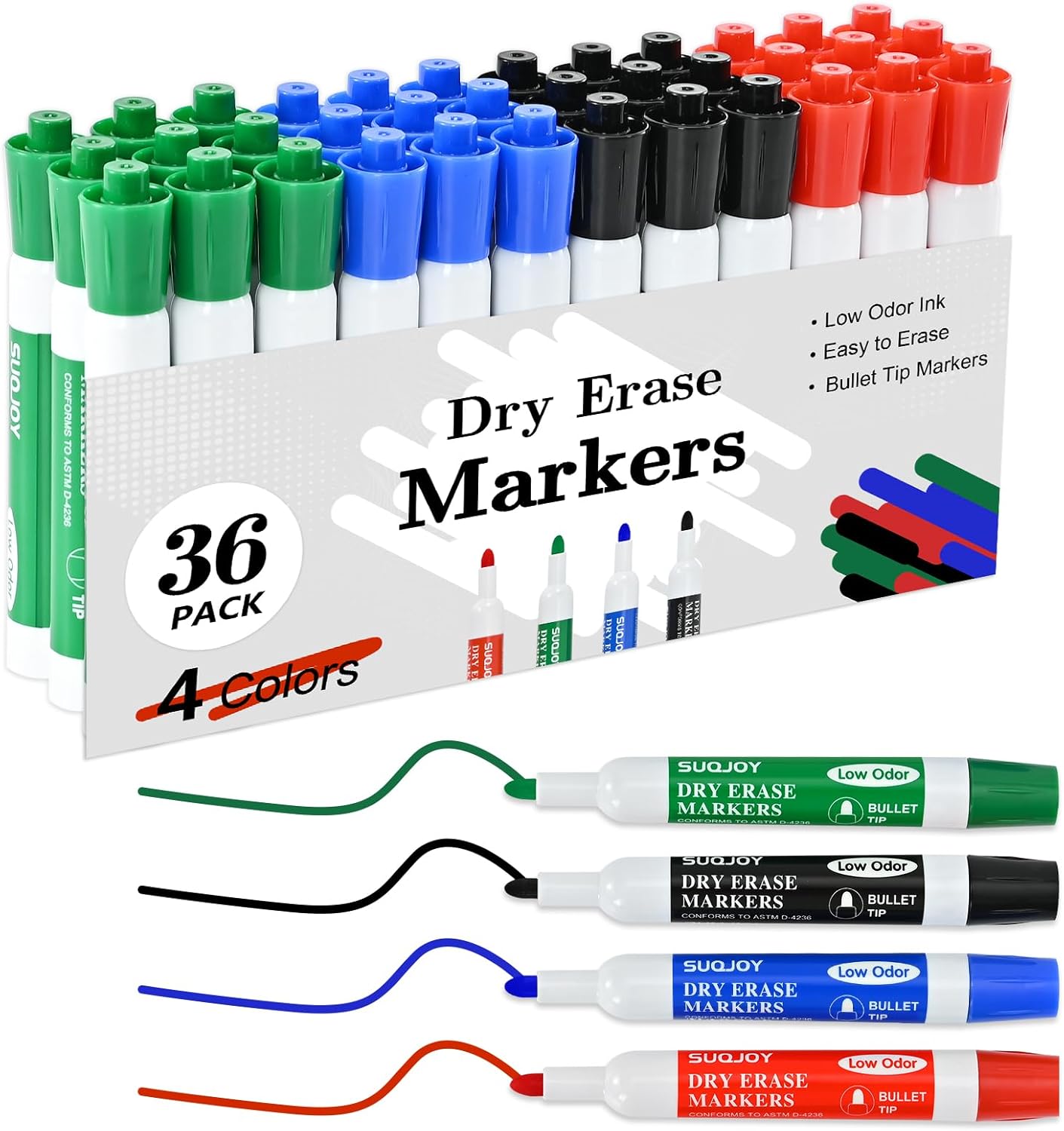 Dry Erase Markers, BulletTip Whiteboard Markers, Low Odor Thick Dry Markers, 36 Bulk 4 Assorted Color Marker for Whiteboard, Classroom, Office & Home(36 Count 4 Colors)