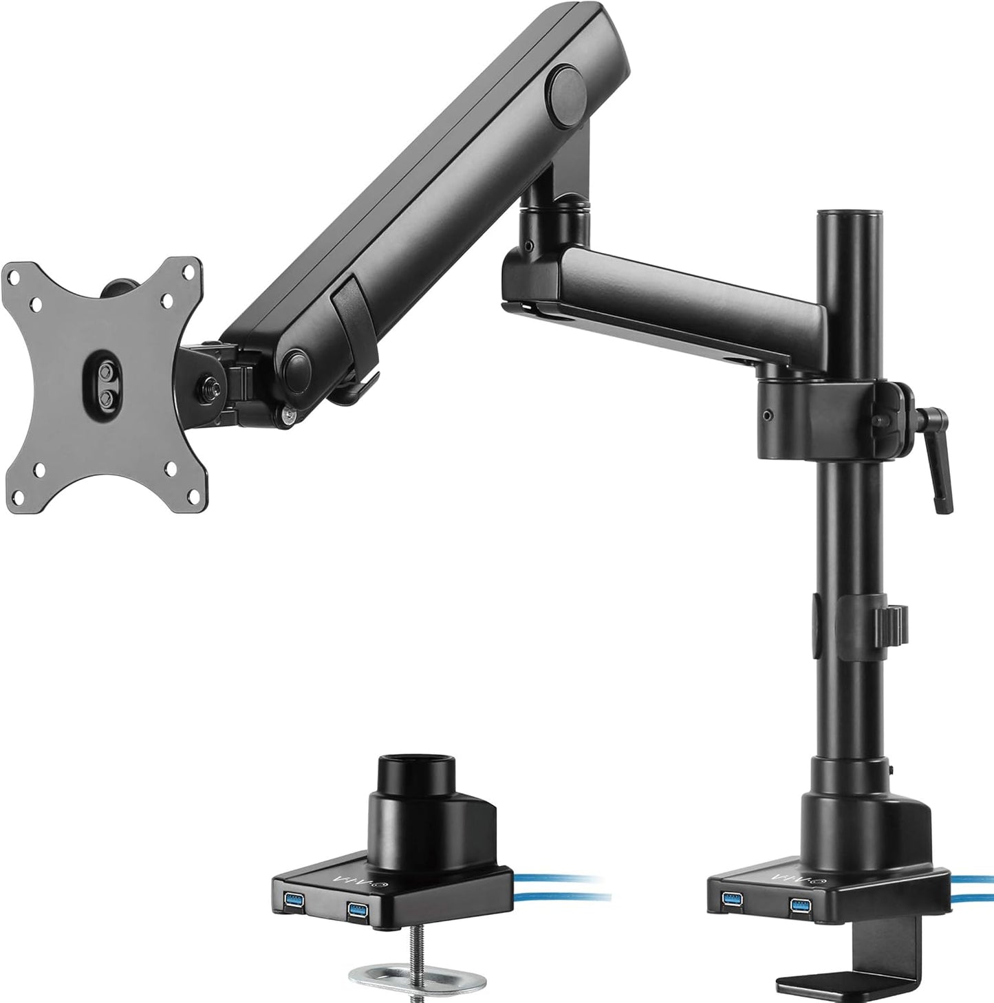 VIVO Premium Aluminum Full Motion Single Monitor Desk Mount Stand with Lift Engine Arm, Pole Extension, and USB Ports, Fits Screens up to 32 inches, STAND-V101BDU