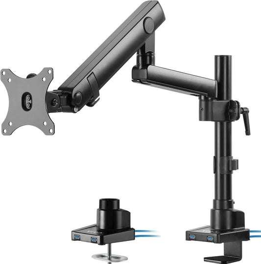 VIVO Premium Aluminum Full Motion Single Monitor Desk Mount Stand with Lift Engine Arm, Pole Extension, and USB Ports, Fits Screens up to 32 inches, STAND-V101BDU