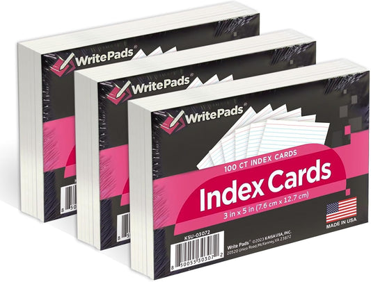 KAISA Lined Index Card 3"x5" Index Cards Flashcards, 300 Count Ruled on Front, Blank on Back Index Cards, White 3 pack of 100 Shrink