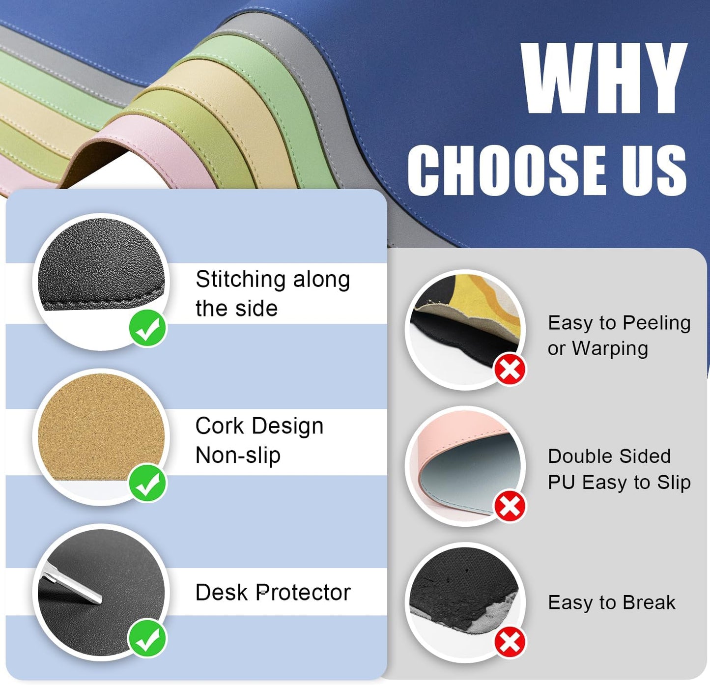 Large Desk Pad 35.4" x 17", Non-Slip Desk Mat with PU Leather & Natural Cork, Waterproof Writing Desk Natural Cork, Computer Mat Desk Protector for Office Home, Black