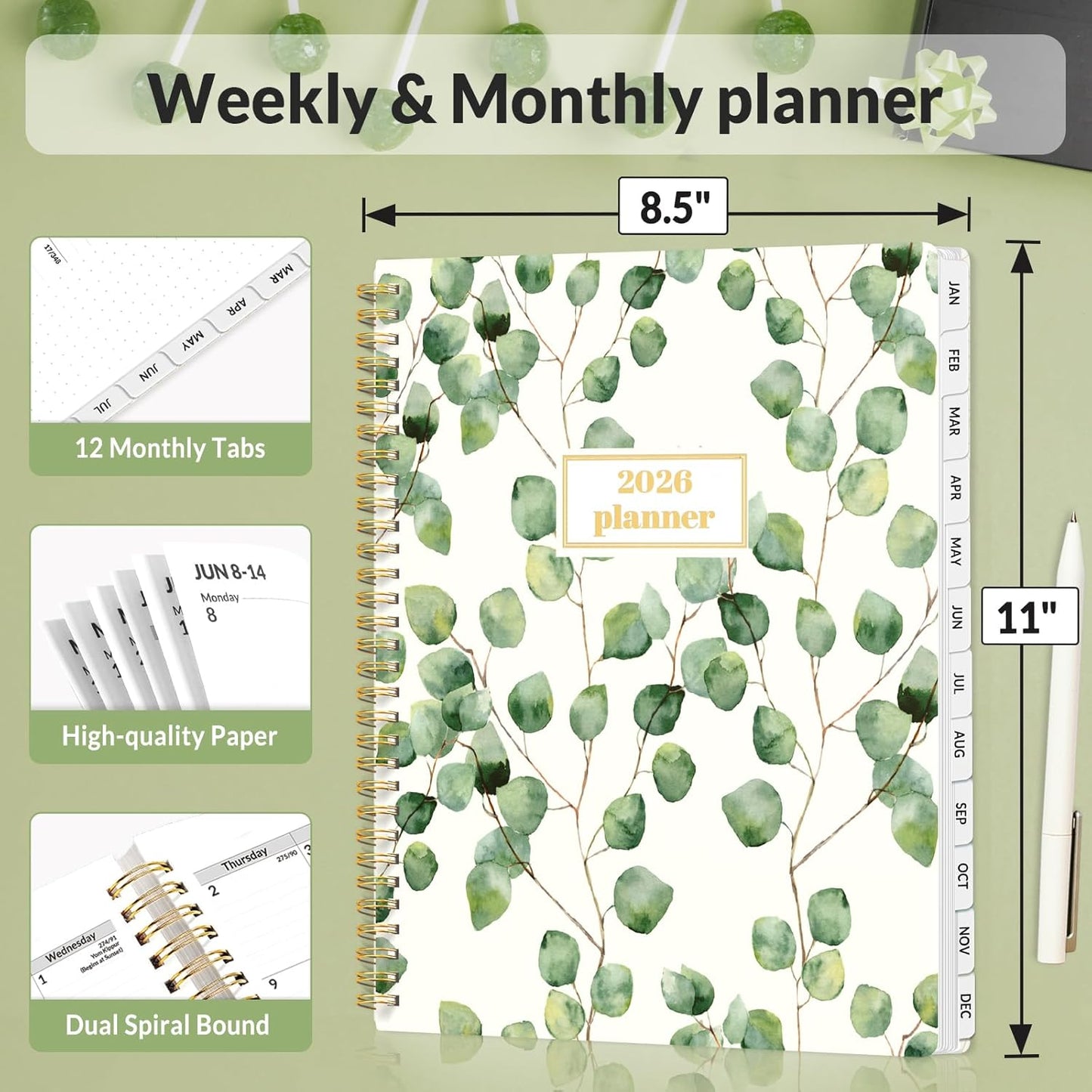SUNEE Planner 2026 Weekly and Monthly, January 2026-December 2026, 8.5"x11", Tabs, Note Pages,Spiral Binding, Eucalyptus