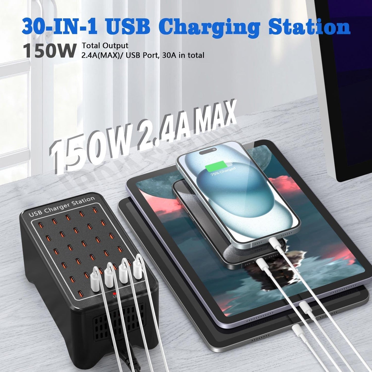 USB C Charger Station 150W, 30 Port USB Charger Block USB Charging Hub, Multiport USB C Charger Desktop Charger Compatible with iPhone 16/15/14/13/12/11, iPad, Tablets, Samsung GalaxyS23 S22,Phone