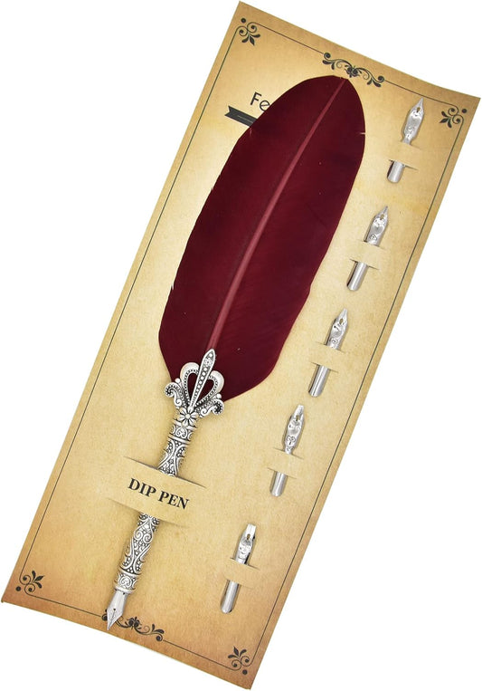 Gullor Calligraphy Feather Quill Pen and 5 Calligraphy Nibs for Beginners Kids Calligraphy Writing Quill Dip Pen Set, WineRed