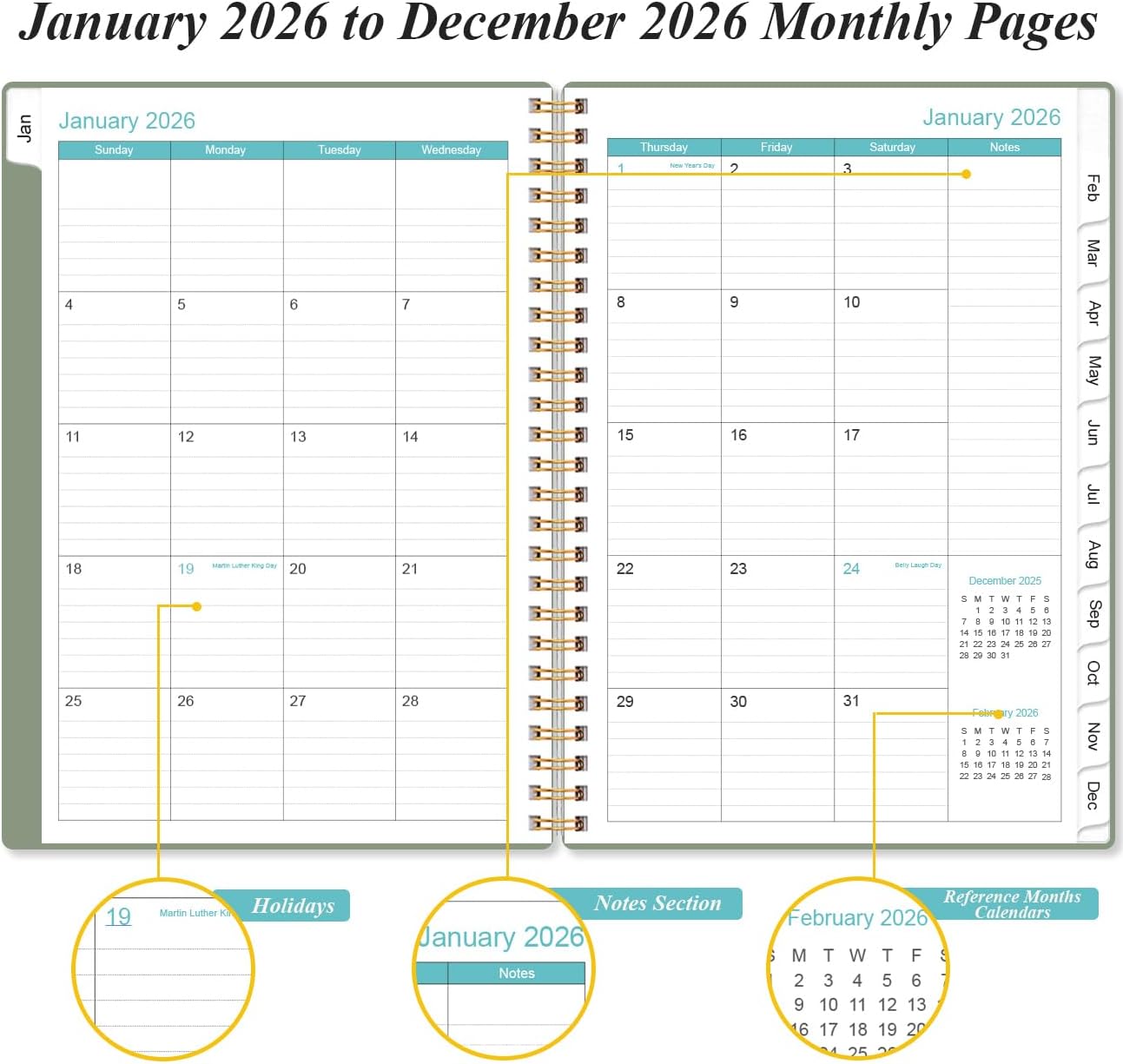 2026 Planner - Weekly and Monthly Calendar Planner from Jan 2026 - Dec 2026, Planner 2026 Spiral Bound with 12 Monthly Tabs, Inner Pocket, Perfect for School Office Supplies, 6.4" x 8.5", Green