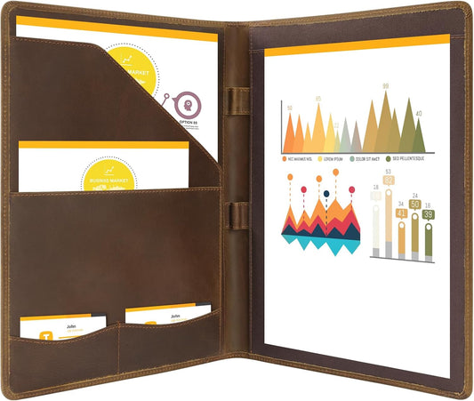 Ringsun Leather Portfolio Organizer for Men Women, Leather Padfolio Business Resume Legal Pad Portfolio Notebook Binder for A4/Pad, Leather Folio Leather Folder, Brown